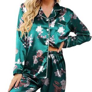 Ekouaer Women's Classic Button Down Long Satin Silk Pajama Set